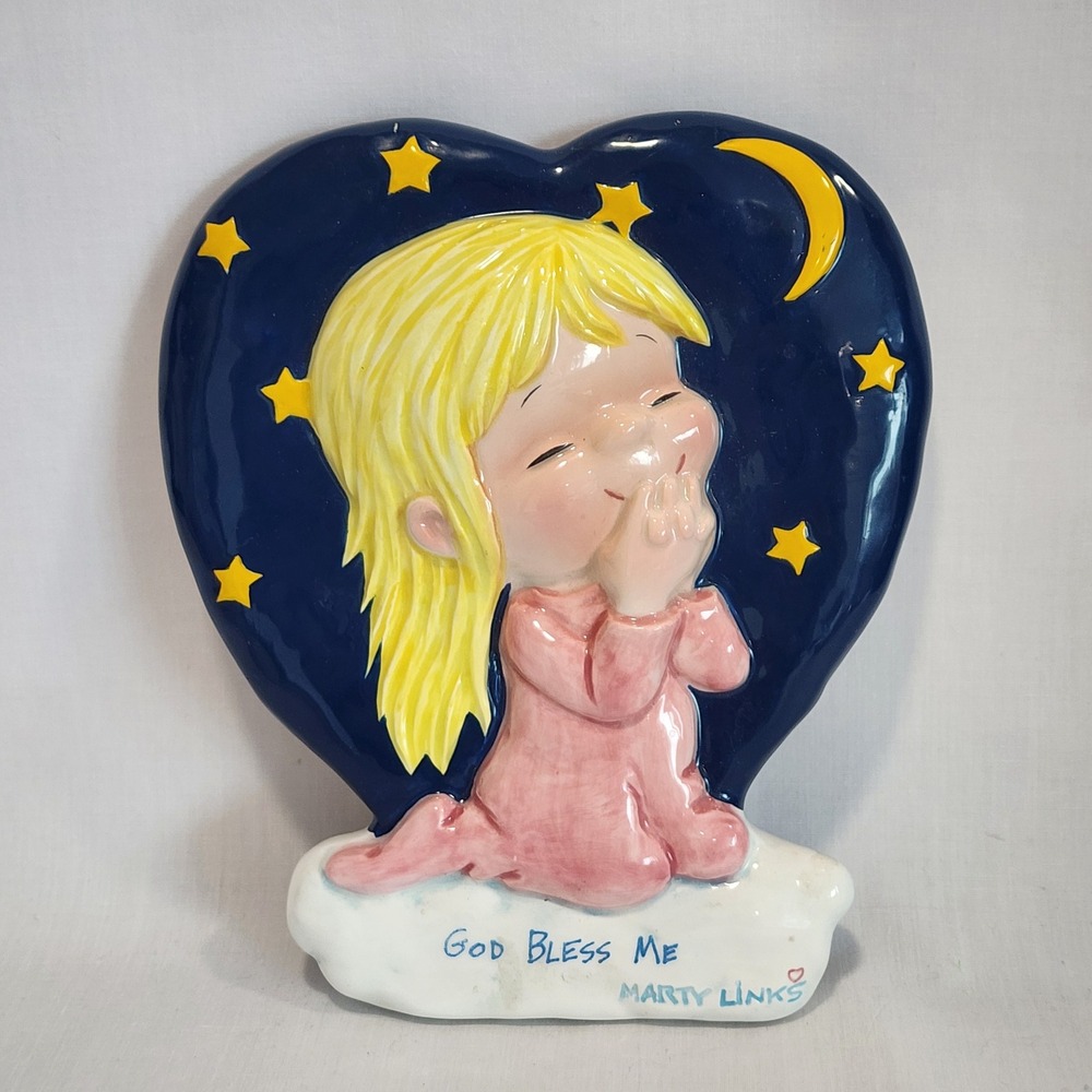 VTG Schmid Marty Links God Bless Me Ceramic Wall Plaque Heart Praying Girl 1992